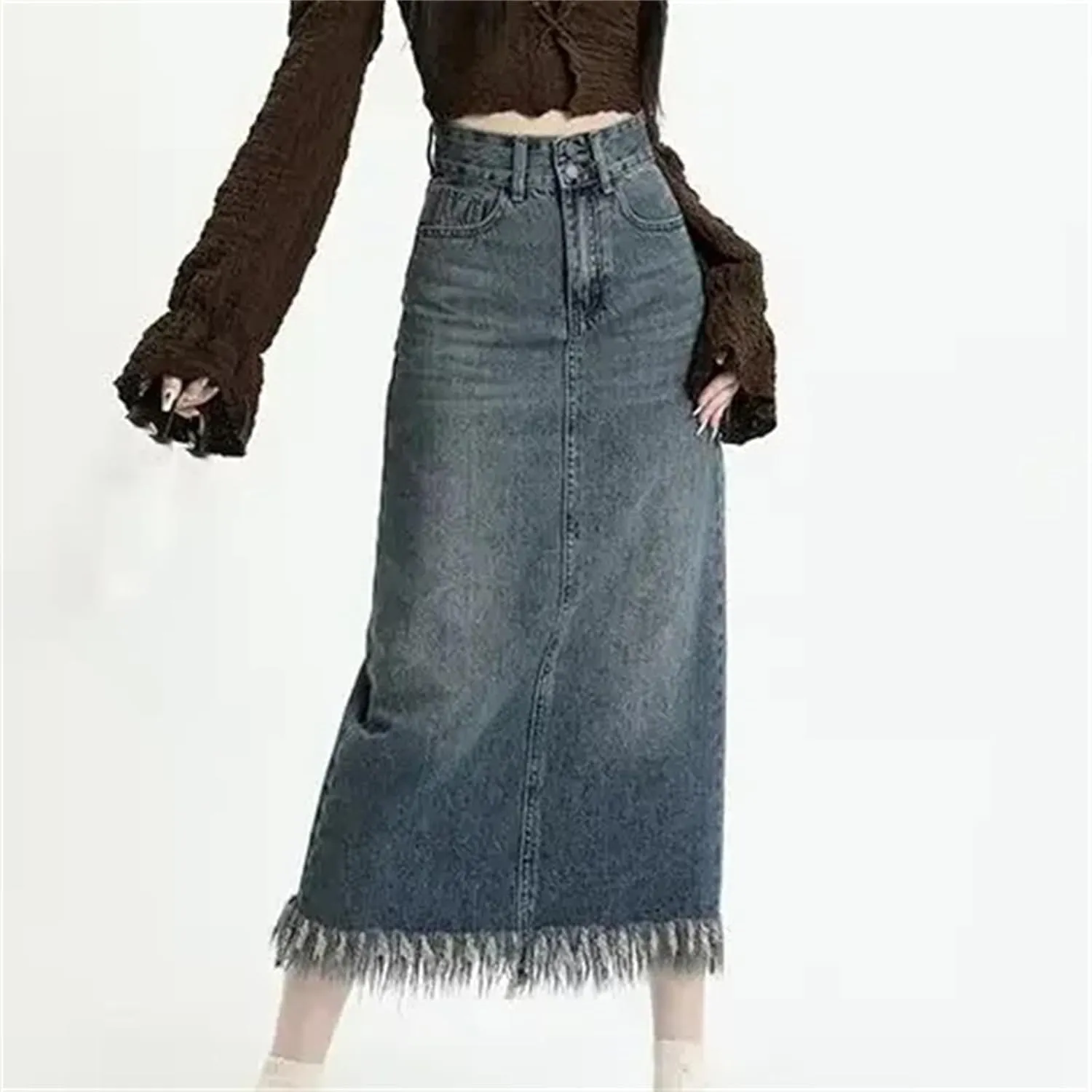 Women's Vintage High-Waisted Fringed Denim Skirt  Slimming Petite Fit Side Slit Trendy A-Line Summer Casual Skirt