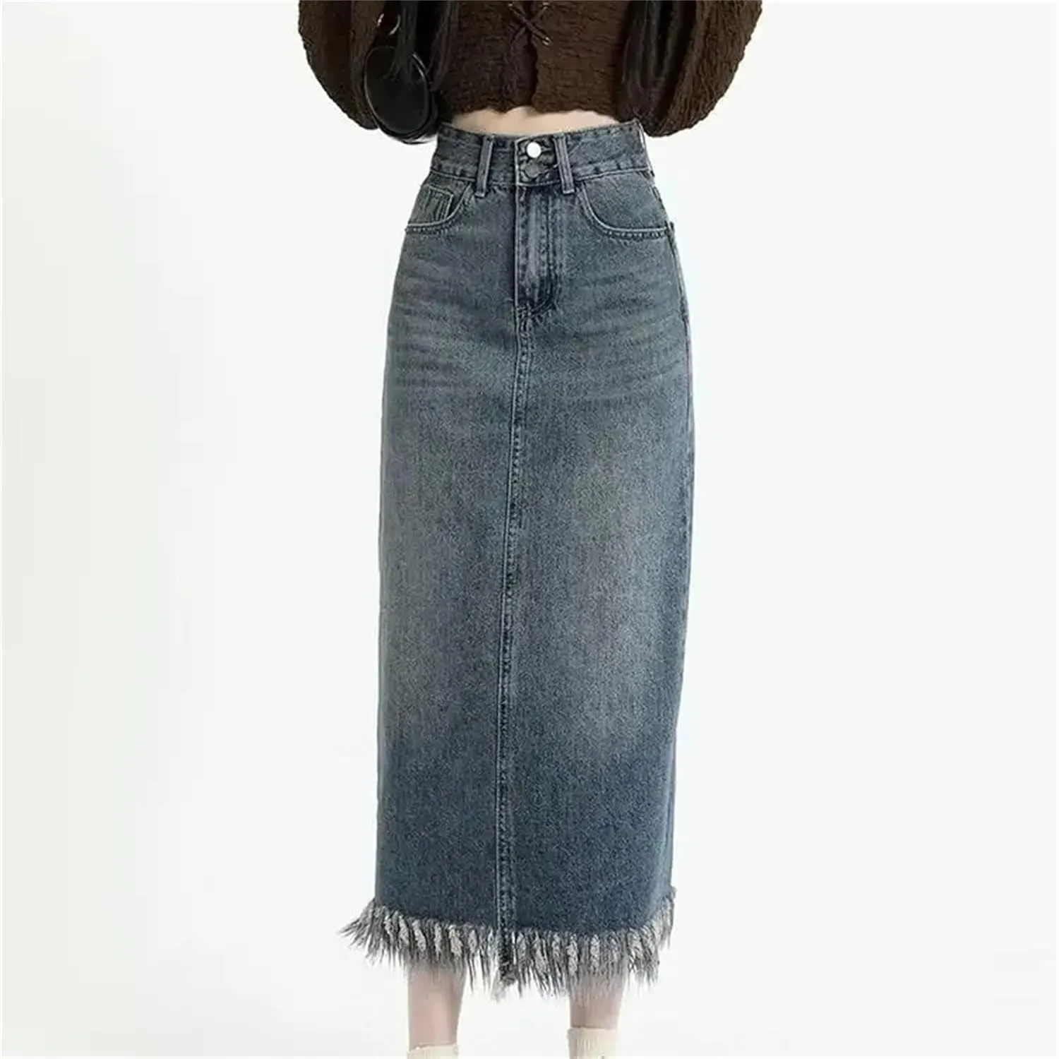 Women's Vintage High-Waisted Fringed Denim Skirt  Slimming Petite Fit Side Slit Trendy A-Line Summer Casual Skirt