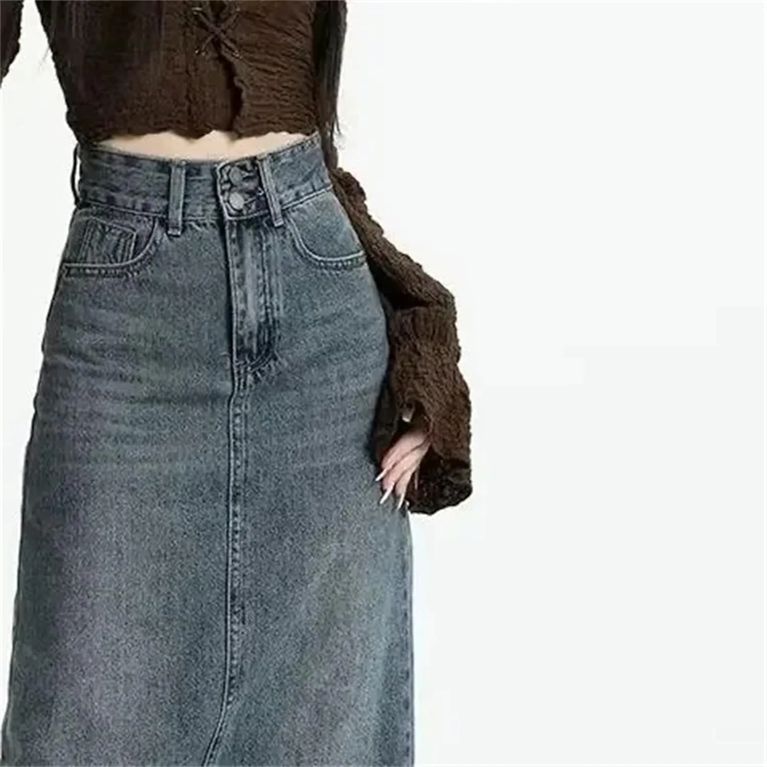 Women's Vintage High-Waisted Fringed Denim Skirt  Slimming Petite Fit Side Slit Trendy A-Line Summer Casual Skirt