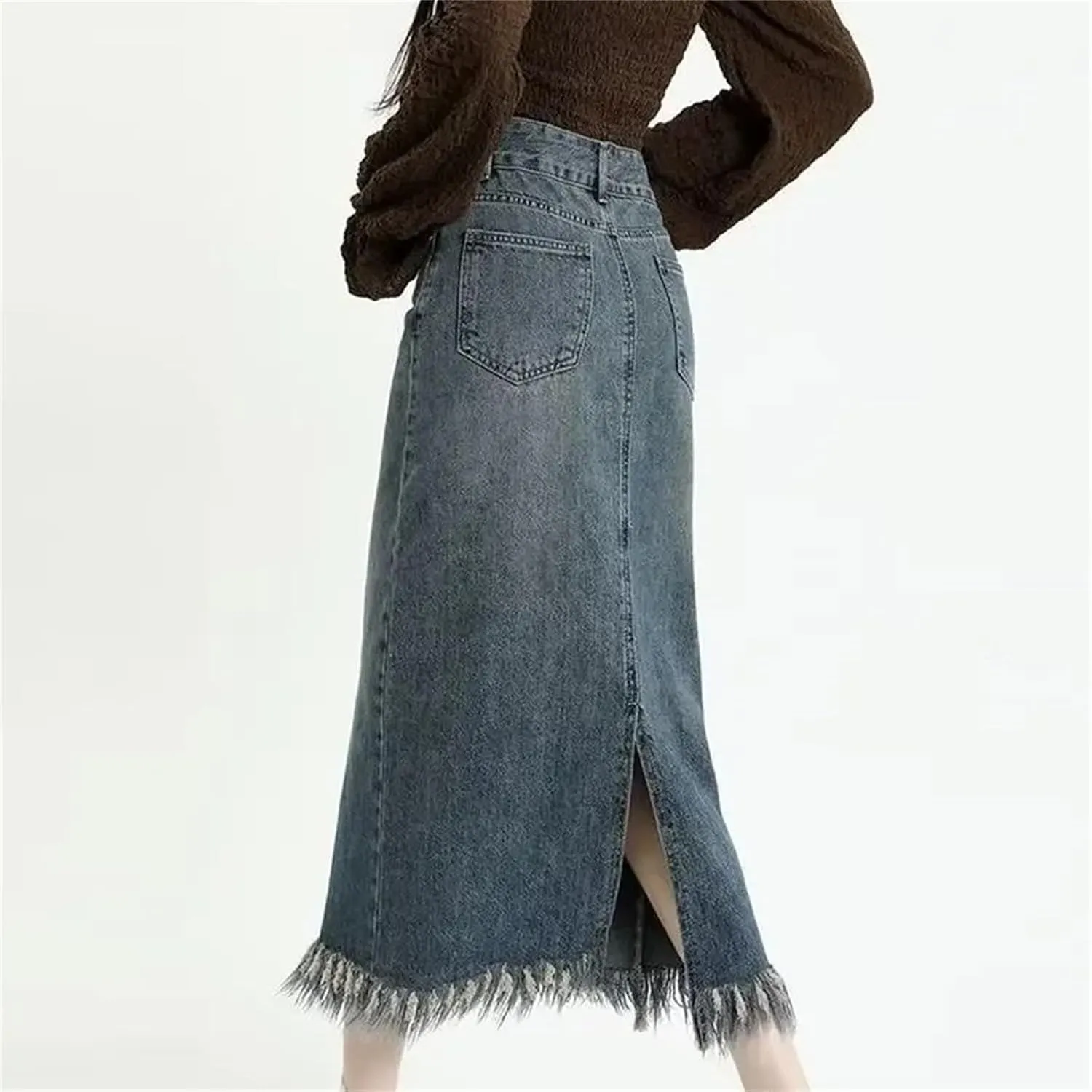 Women's Vintage High-Waisted Fringed Denim Skirt  Slimming Petite Fit Side Slit Trendy A-Line Summer Casual Skirt