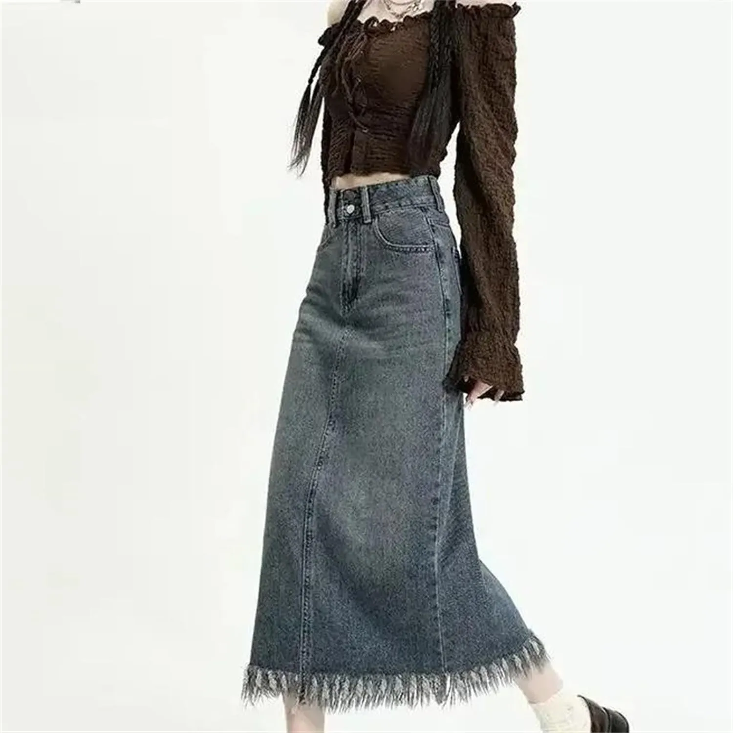 Women's Vintage High-Waisted Fringed Denim Skirt  Slimming Petite Fit Side Slit Trendy A-Line Summer Casual Skirt