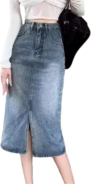 Women's Vintage High-Waisted Medium-Length Denim Skirt  Side Slit A-Line Hip Covering Skirt for Summer Dress