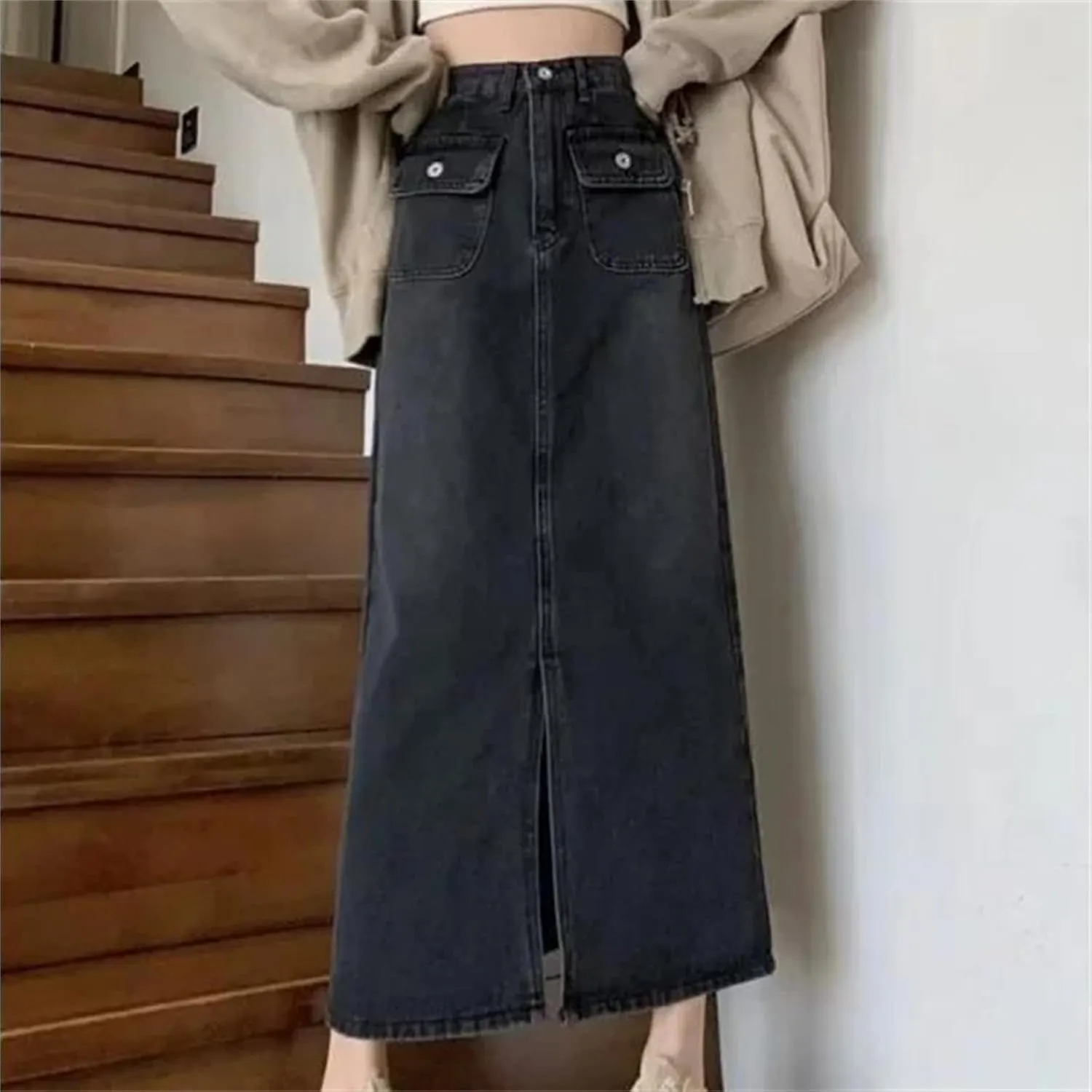Women's Vintage High-Waisted Slimming Denim Skirt  Spring A-Line Casual Slit Long Dress