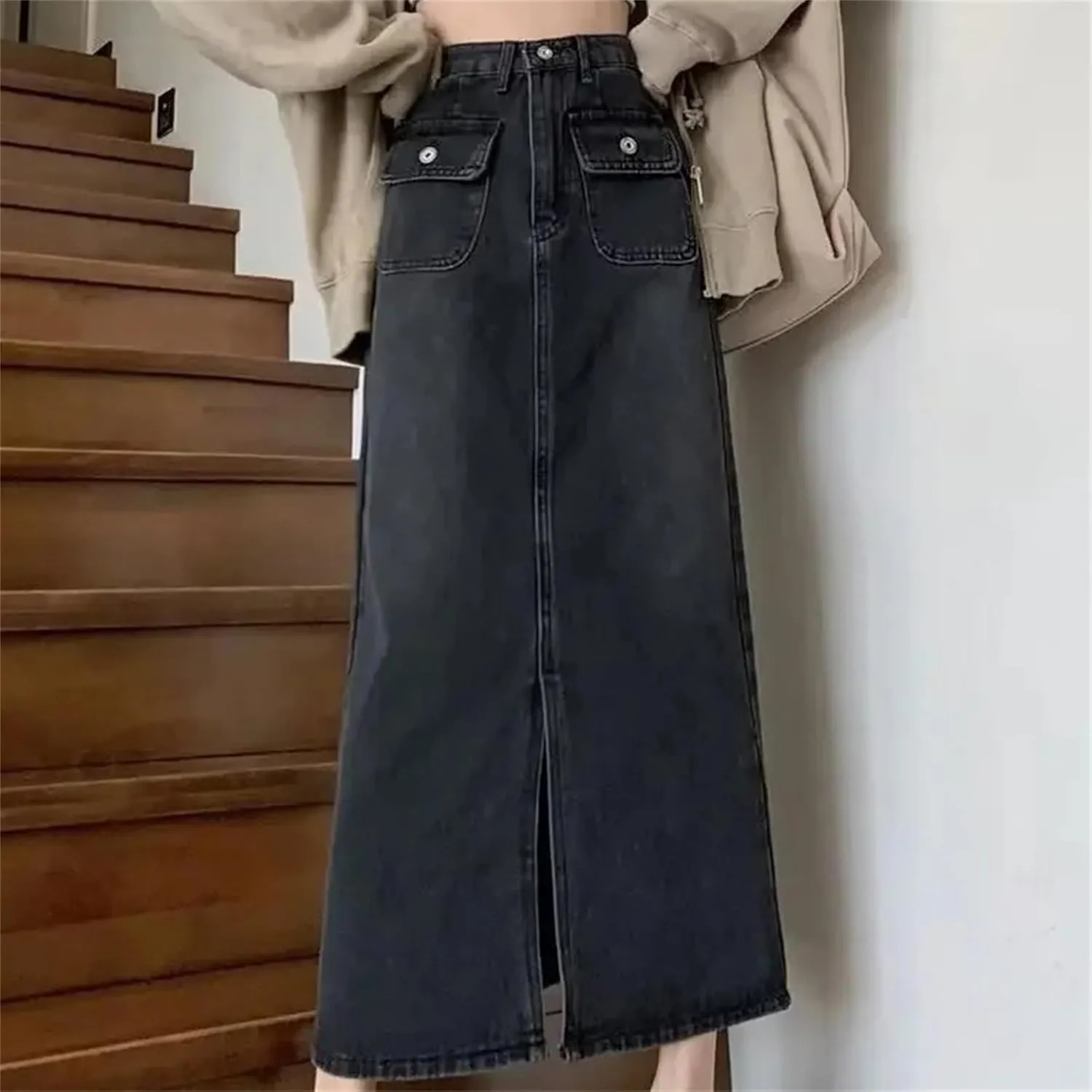 Women's Vintage High-Waisted Slimming Denim Skirt  Spring A-Line Casual Slit Long Dress