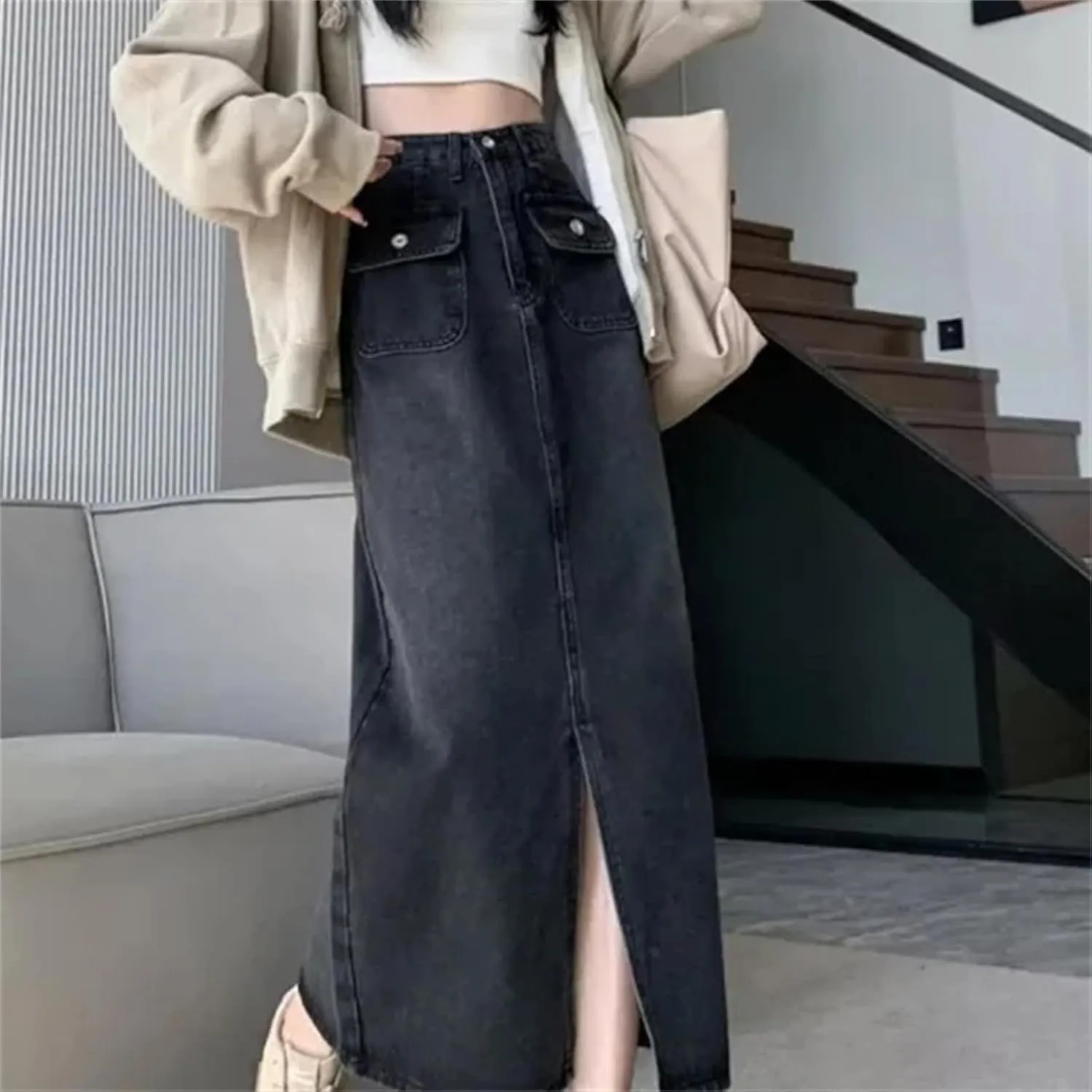 Women's Vintage High-Waisted Slimming Denim Skirt  Spring A-Line Casual Slit Long Dress