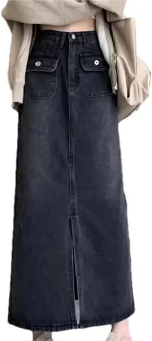 Women's Vintage High-Waisted Slimming Denim Skirt  Spring A-Line Casual Slit Long Dress