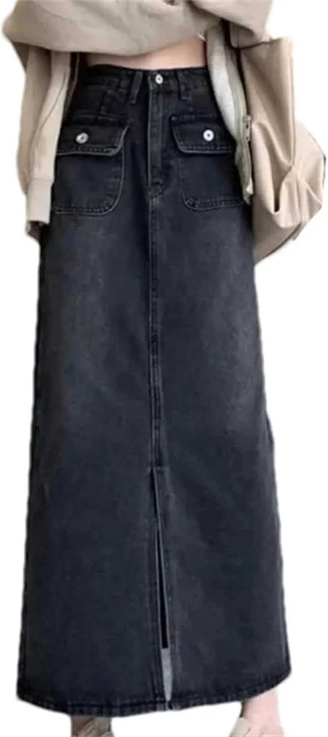 Women's Vintage High-Waisted Slimming Denim Skirt  Spring A-Line Casual Slit Long Dress