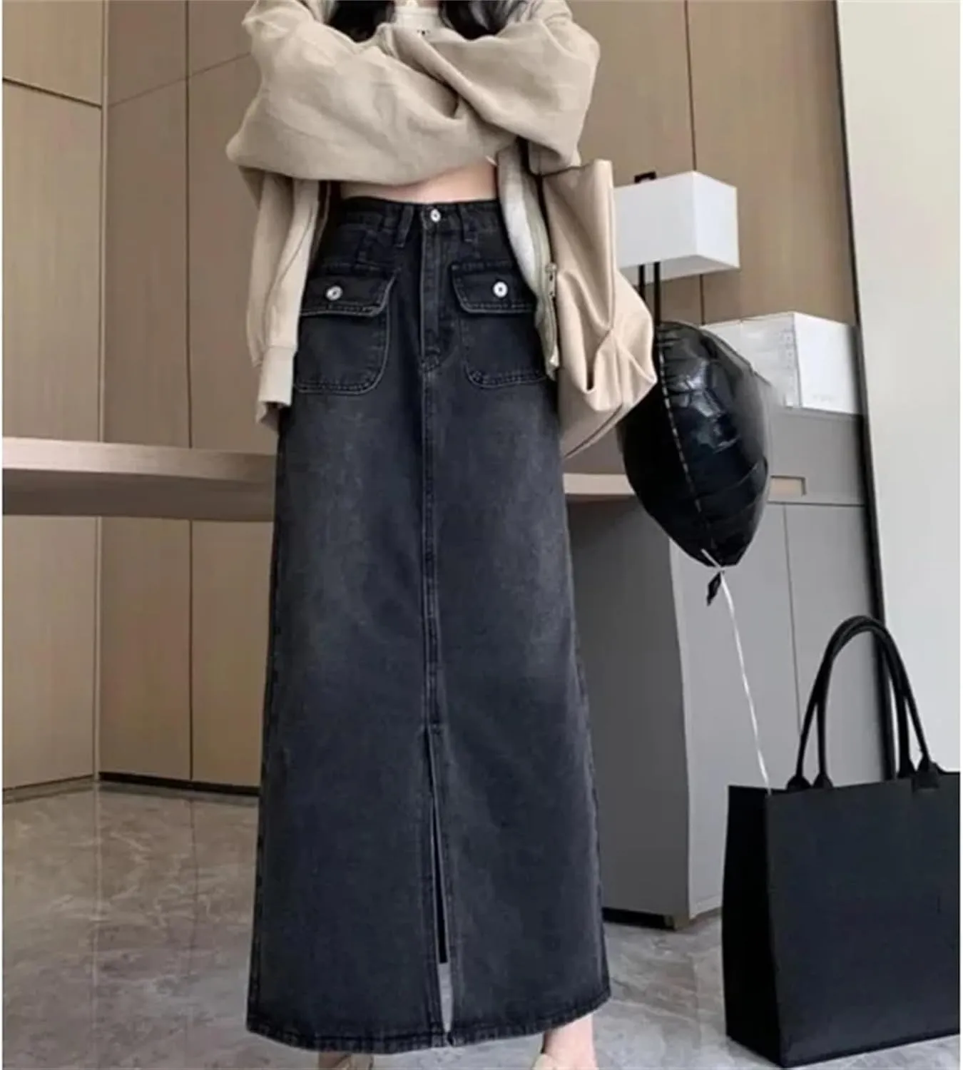 Women's Vintage High-Waisted Slimming Denim Skirt  Spring A-Line Casual Slit Long Dress