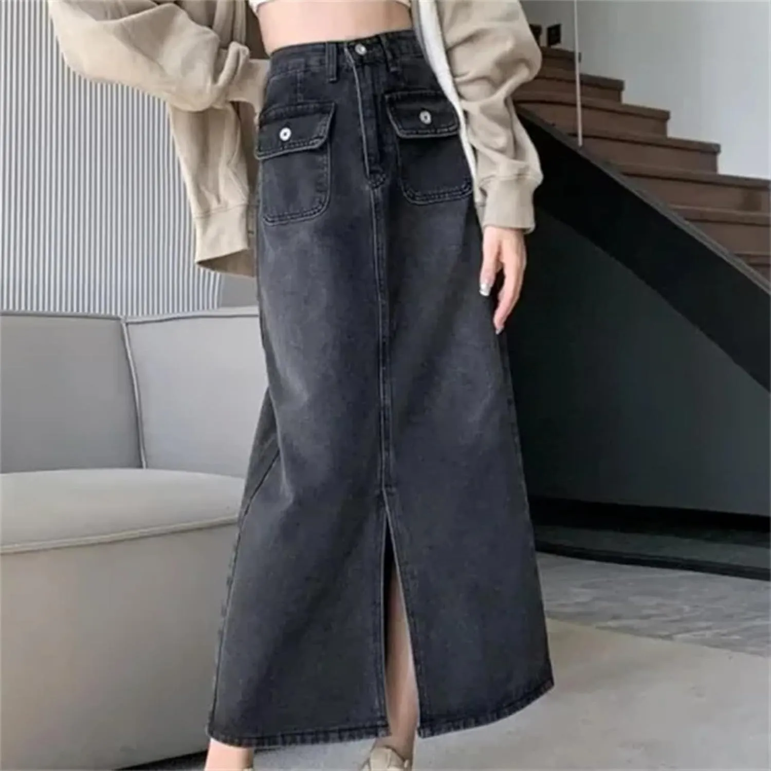 Women's Vintage High-Waisted Slimming Denim Skirt  Spring A-Line Casual Slit Long Dress