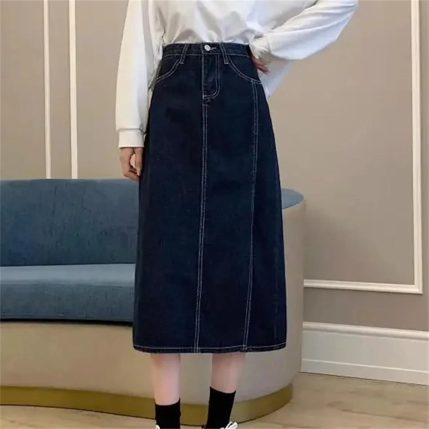 Women's Vintage High-Waisted Slimming Denim Skirt  Spring Summer Side Slit Medium-Length A-Line Bodycon Dress