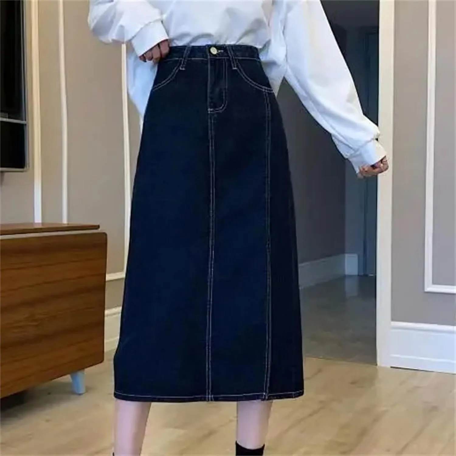 Women's Vintage High-Waisted Slimming Denim Skirt  Spring Summer Side Slit Medium-Length A-Line Bodycon Dress
