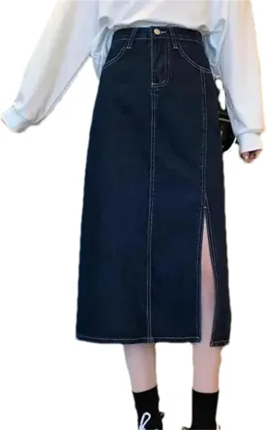 Women's Vintage High-Waisted Slimming Denim Skirt  Spring Summer Side Slit Medium-Length A-Line Bodycon Dress