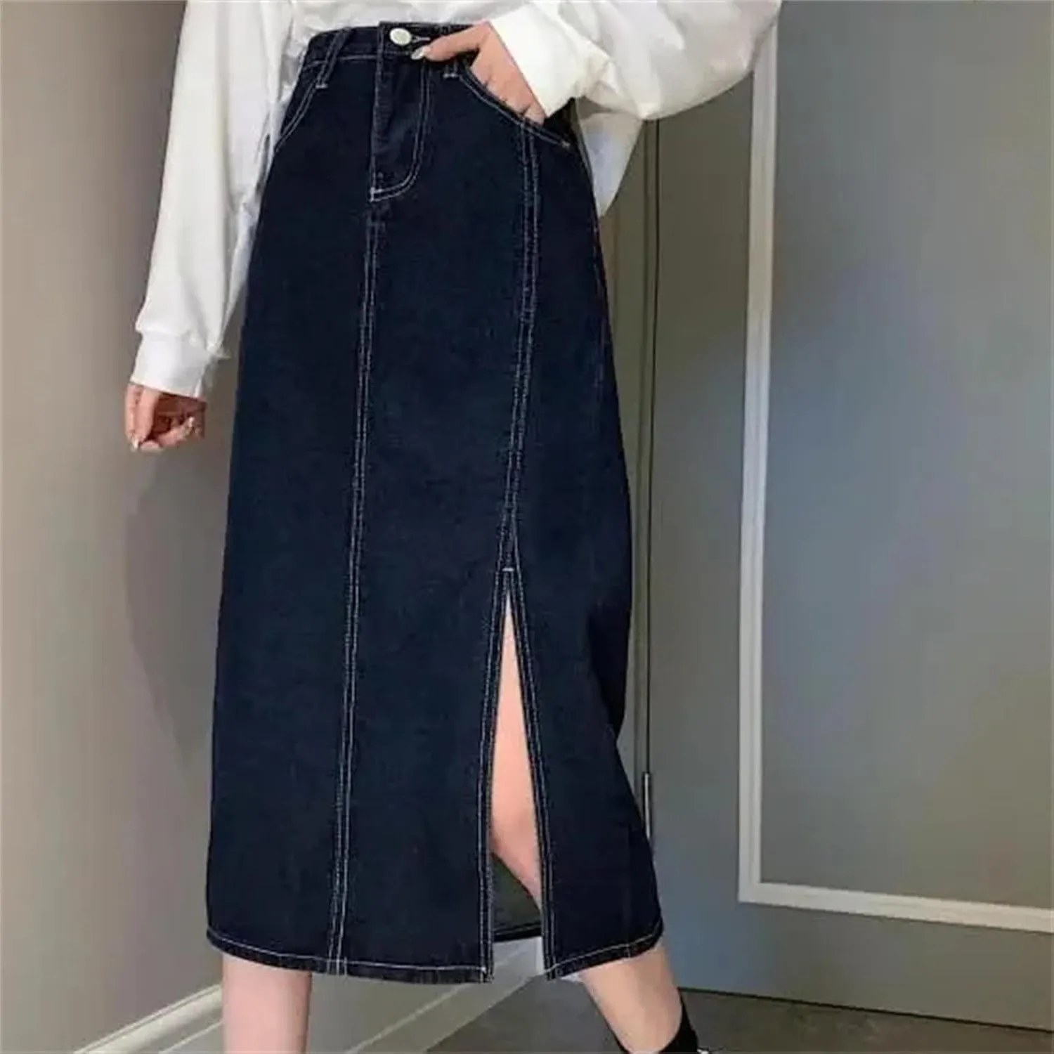 Women's Vintage High-Waisted Slimming Denim Skirt  Spring Summer Side Slit Medium-Length A-Line Bodycon Dress