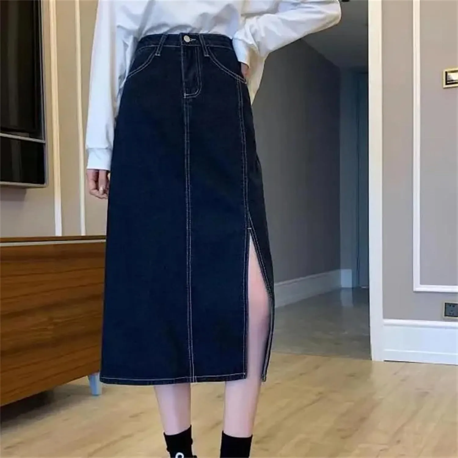 Women's Vintage High-Waisted Slimming Denim Skirt  Spring Summer Side Slit Medium-Length A-Line Bodycon Dress