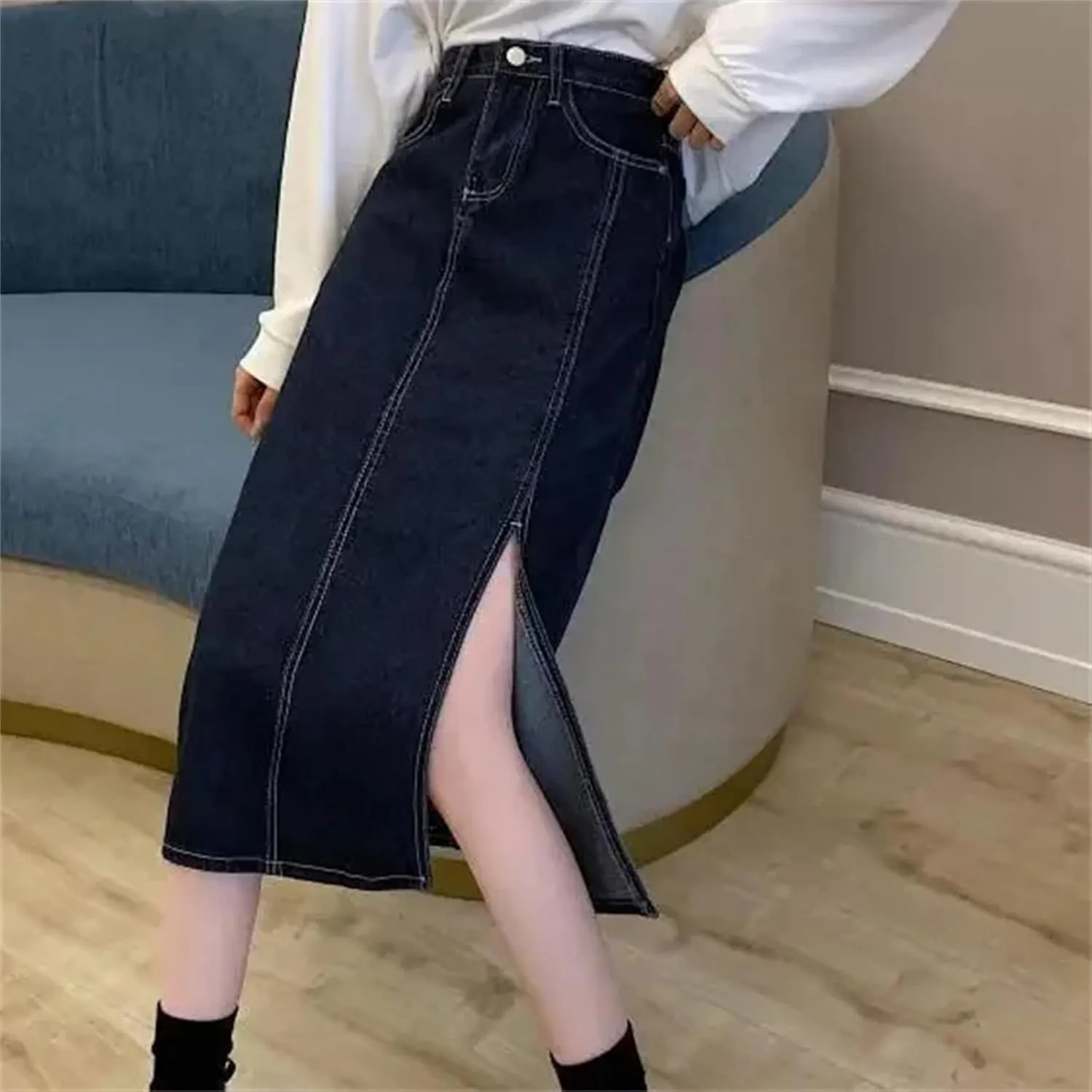 Women's Vintage High-Waisted Slimming Denim Skirt  Spring Summer Side Slit Medium-Length A-Line Bodycon Dress