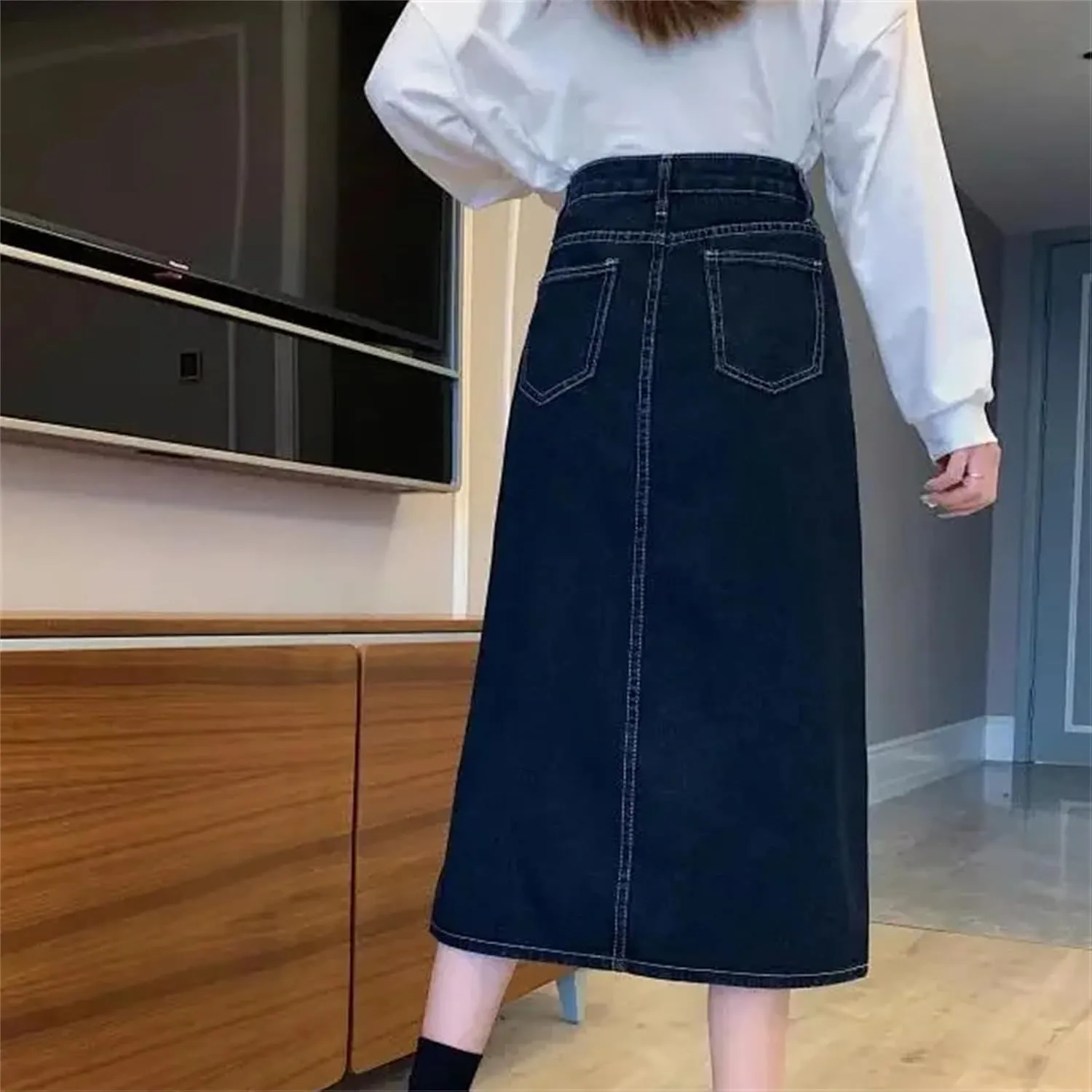 Women's Vintage High-Waisted Slimming Denim Skirt  Spring Summer Side Slit Medium-Length A-Line Bodycon Dress