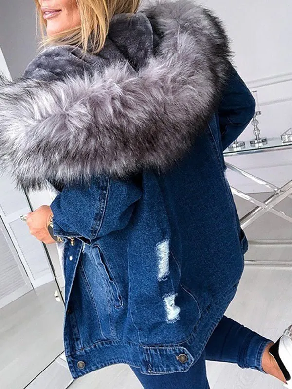 Womens  Vintage Hoodies Big Wool Denim Hoodie