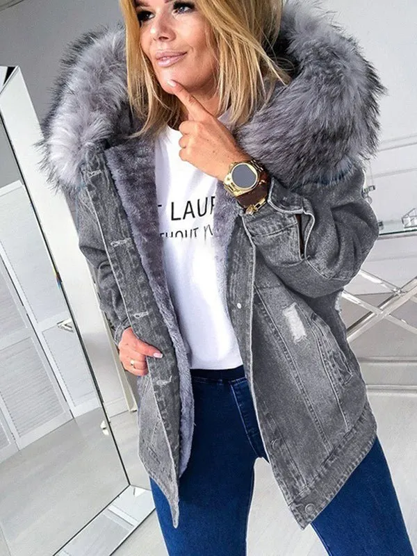 Womens  Vintage Hoodies Big Wool Denim Hoodie