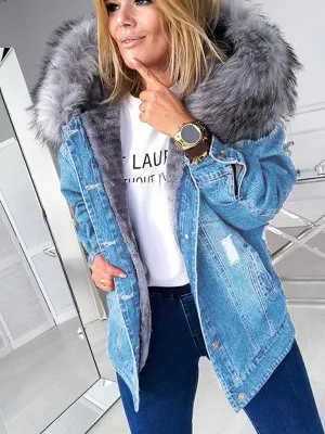 Womens  Vintage Hoodies Big Wool Denim Hoodie