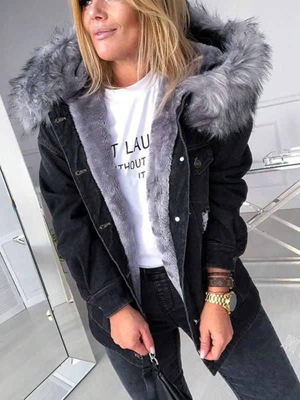 Womens  Vintage Hoodies Big Wool Denim Hoodie