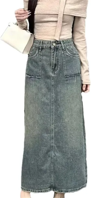 Women's Vintage Washed Denim Skirt  High-Waisted Slimming Side Slit Long Dress Plus Size Spring Summer Dress