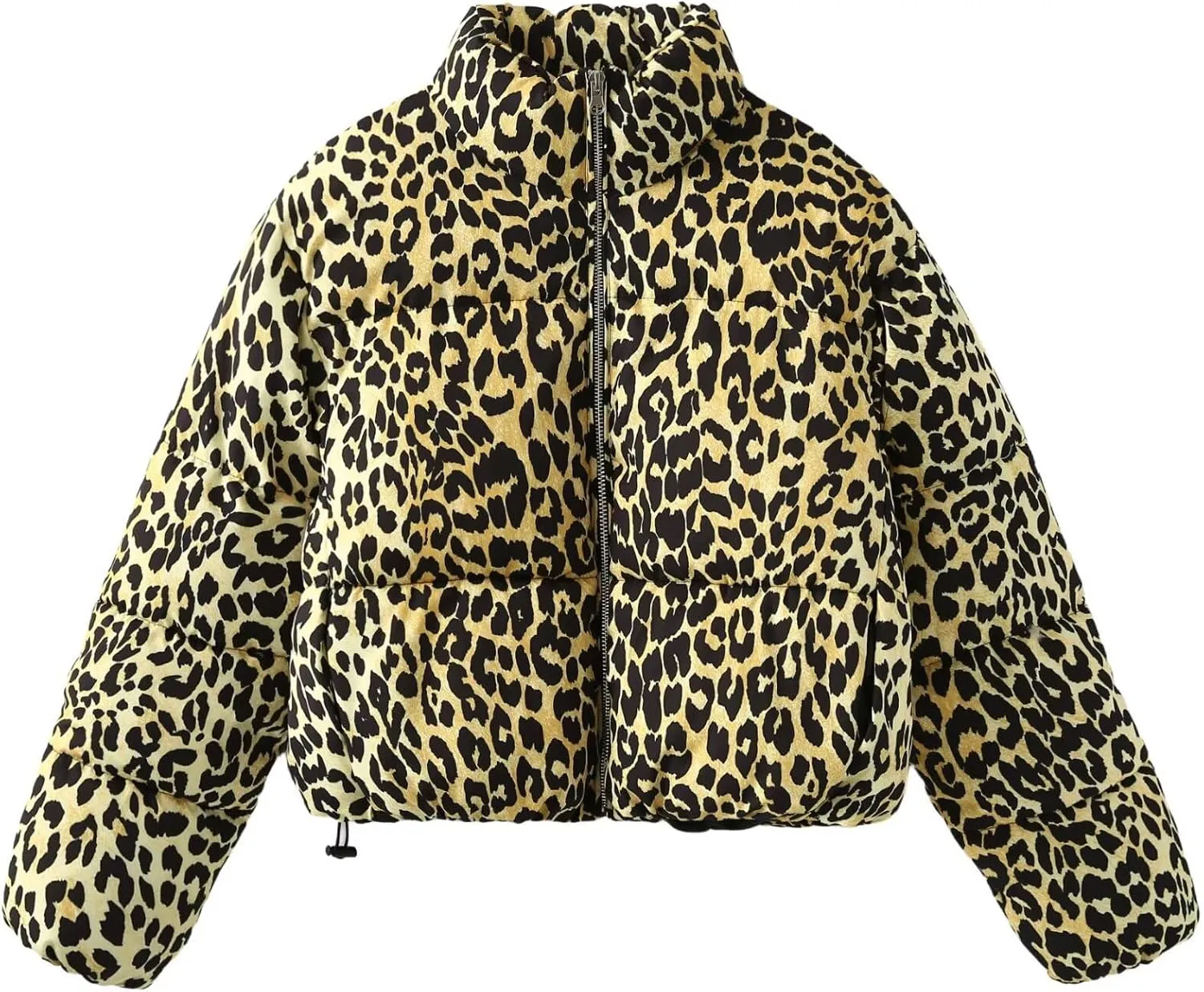 Womens Winter Puffer Jacket Leopard Print Long Sleeve Zip Up Cropped Down Coat Fashion Warm Y2K Quilted Outwears