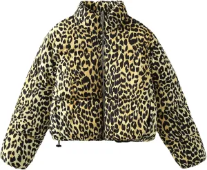 Womens Winter Puffer Jacket Leopard Print Long Sleeve Zip Up Cropped Down Coat Fashion Warm Y2K Quilted Outwears