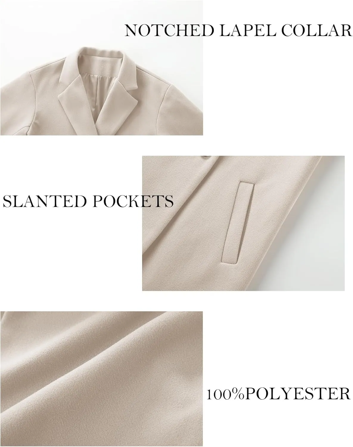 Women's Winter Wool Coat Notch Lapel Single Breasted Casual Mid Long Pea Trench Coat
