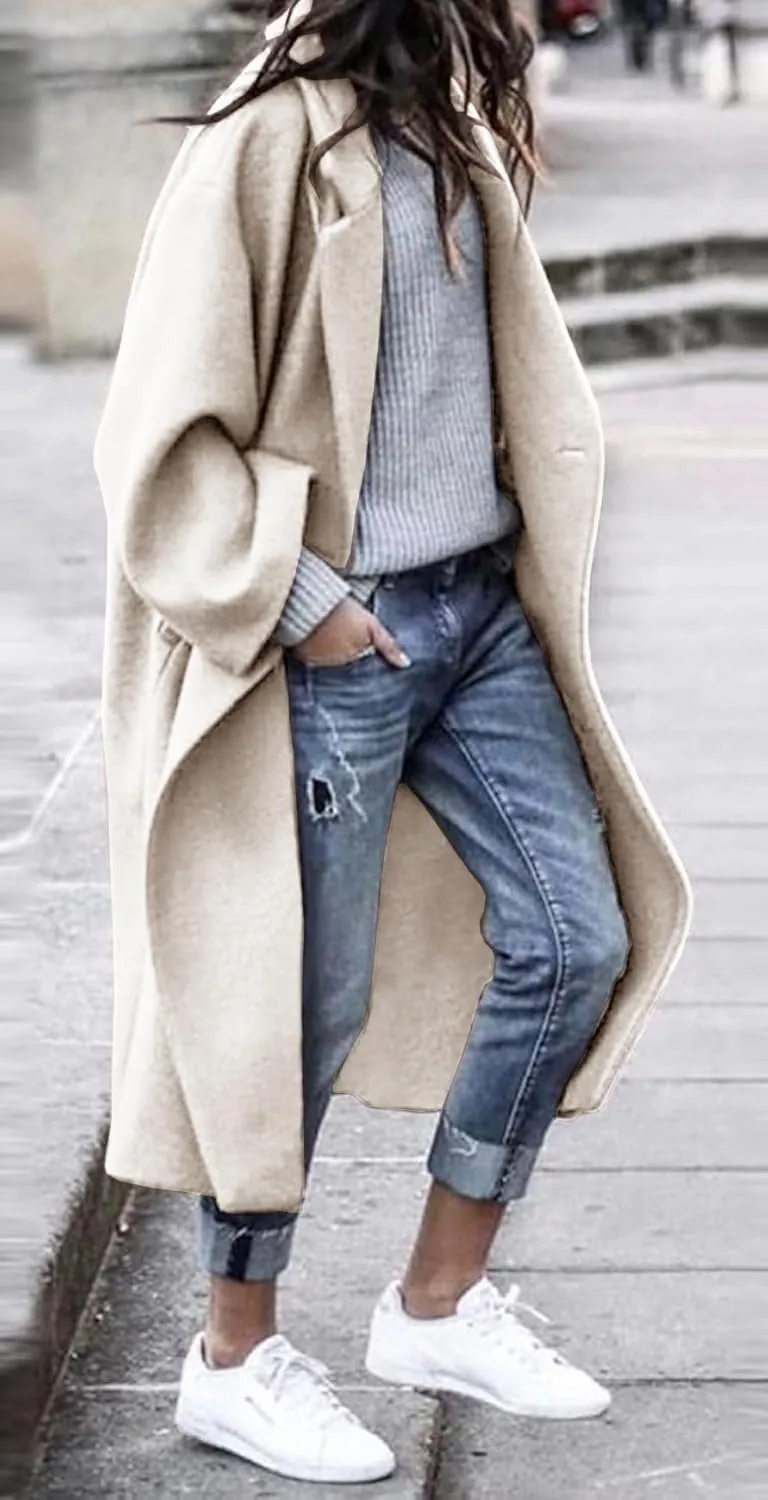Women's Winter Wool Coat Notch Lapel Single Breasted Casual Mid Long Pea Trench Coat