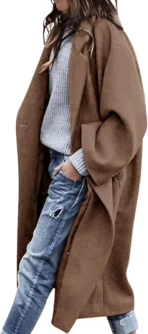 Women's Winter Wool Coat Notch Lapel Single Breasted Casual Mid Long Pea Trench Coat