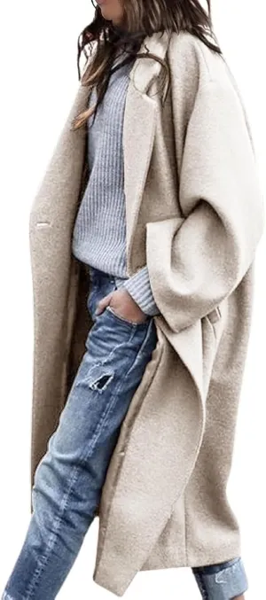 Women's Winter Wool Coat Notch Lapel Single Breasted Casual Mid Long Pea Trench Coat