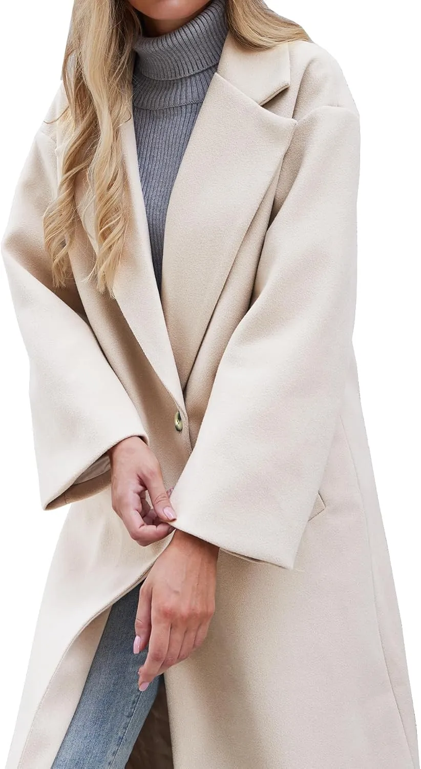 Women's Winter Wool Coat Notch Lapel Single Breasted Casual Mid Long Pea Trench Coat
