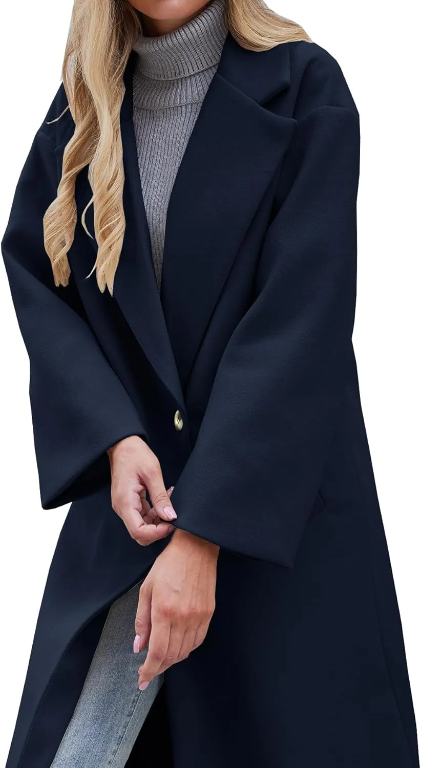 Women's Winter Wool Coat Notch Lapel Single Breasted Casual Mid Long Pea Trench Coat