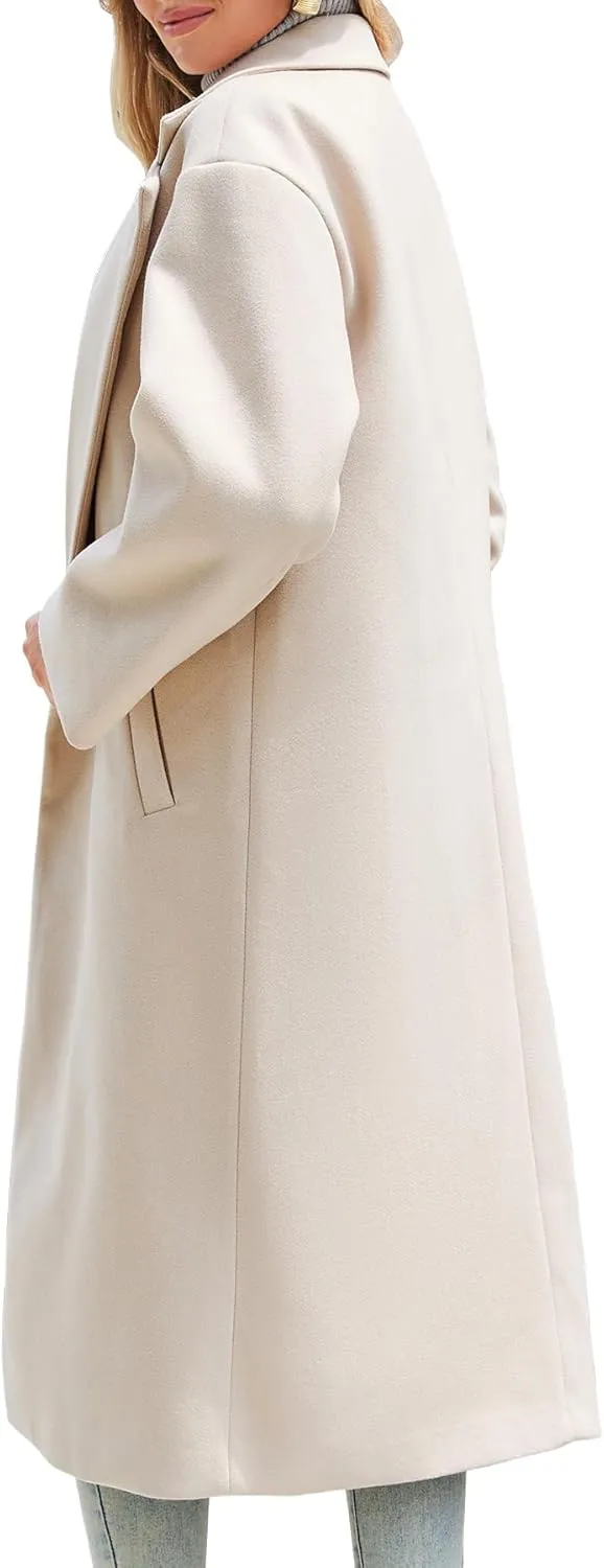 Women's Winter Wool Coat Notch Lapel Single Breasted Casual Mid Long Pea Trench Coat