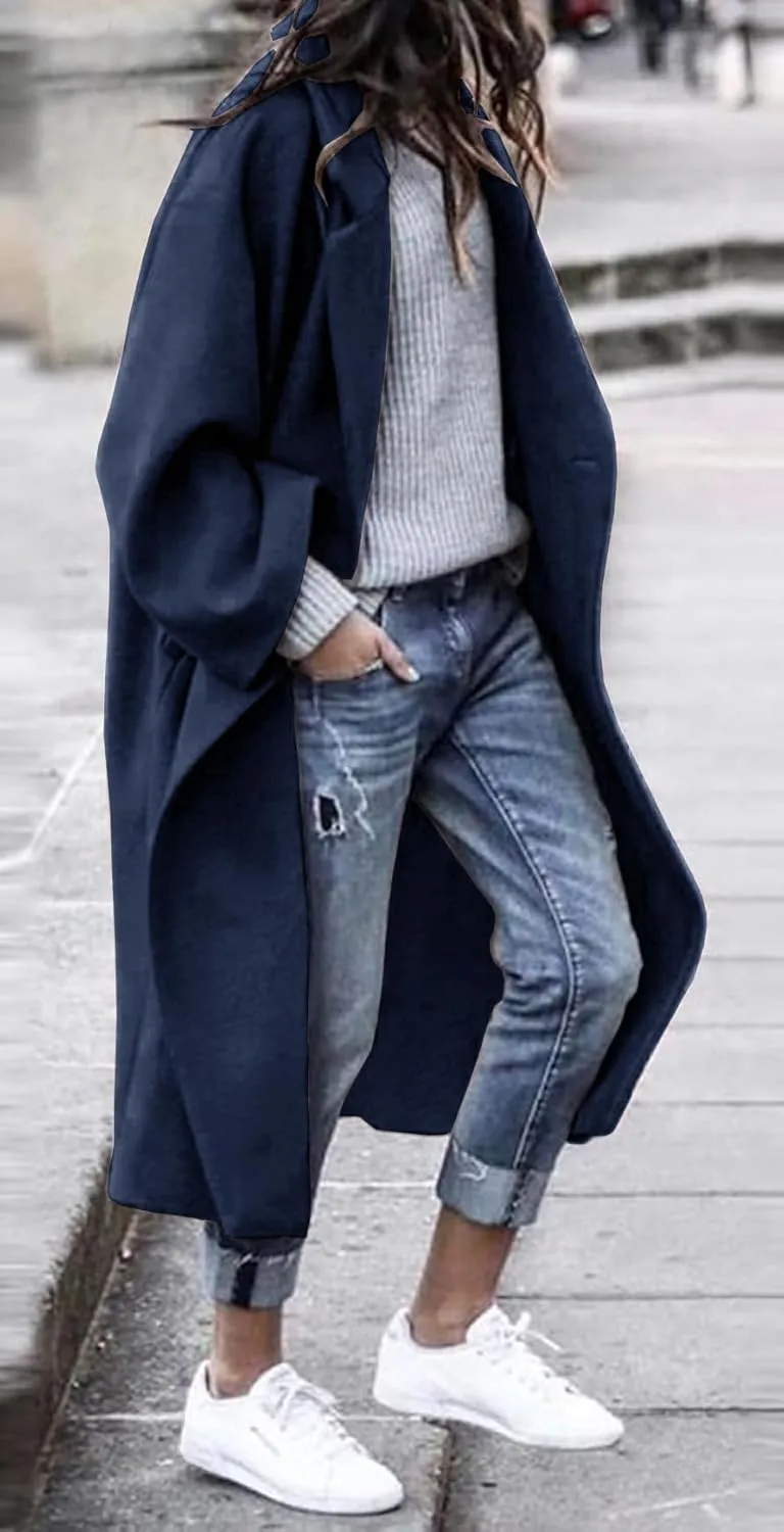 Women's Winter Wool Coat Notch Lapel Single Breasted Casual Mid Long Pea Trench Coat