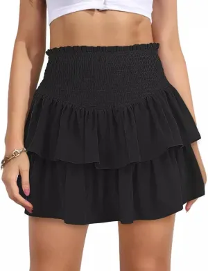 Wuitrie Women Skirts Tiered Layered Pleated Skirt Mini Skirt Elastic High Waist Casual Sports Vacation Skirt for Women