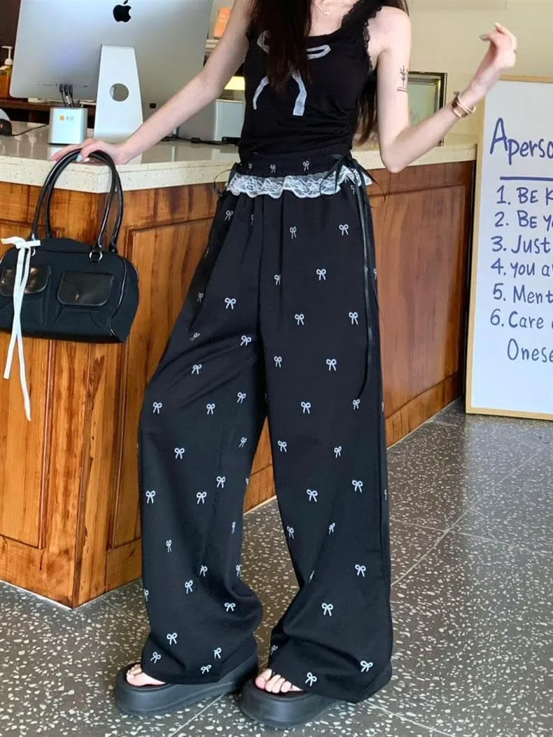Y2K Wide Leg Pants for Women Cute Bow Print Casual Trousers Pants High Waist Loose Fit Pants Stylish