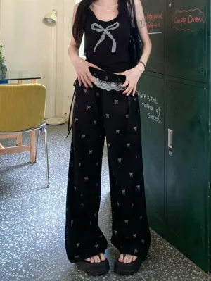 Y2K Wide Leg Pants for Women Cute Bow Print Casual Trousers Pants High Waist Loose Fit Pants Stylish
