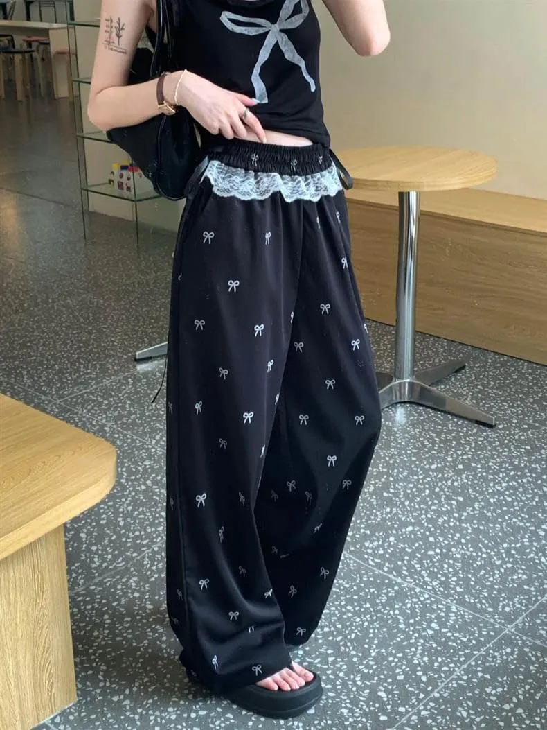 Y2K Wide Leg Pants for Women Cute Bow Print Casual Trousers Pants High Waist Loose Fit Pants Stylish