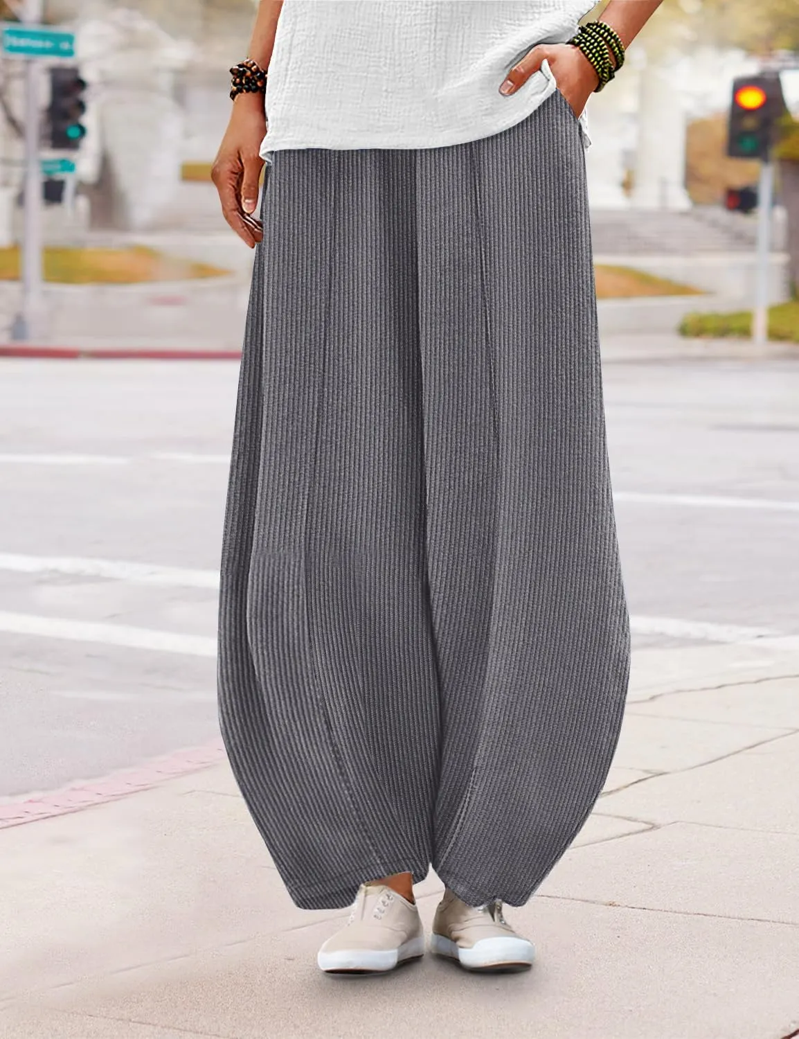 YESNO Women's Corduroy Lantern Pants Baggy Casual Loose Elastic Waist Long Trousers with Pockets PCI
