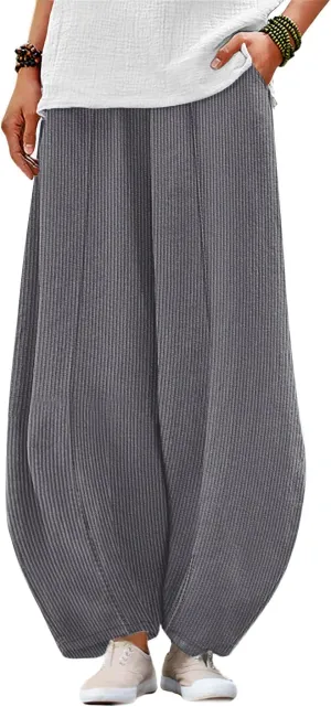 YESNO Women's Corduroy Lantern Pants Baggy Casual Loose Elastic Waist Long Trousers with Pockets PCI