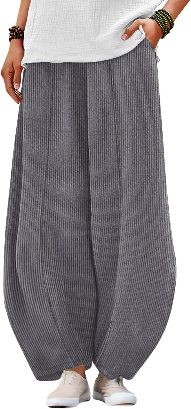 YESNO Women's Corduroy Lantern Pants Baggy Casual Loose Elastic Waist Long Trousers with Pockets PCI