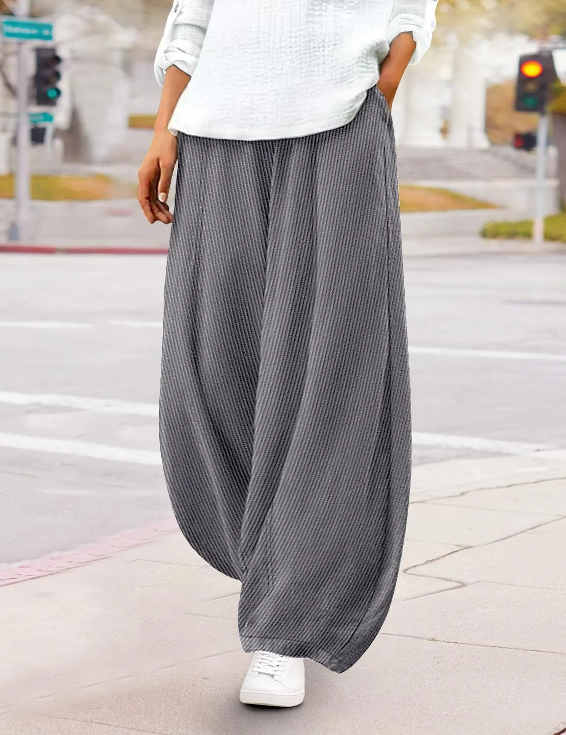 YESNO Women's Corduroy Lantern Pants Baggy Casual Loose Elastic Waist Long Trousers with Pockets PCI