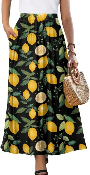 Yewattles Womens Elastic High Waist Pleated A-Line Flowy Swing Maxi Long Skirt Dress with Pockets