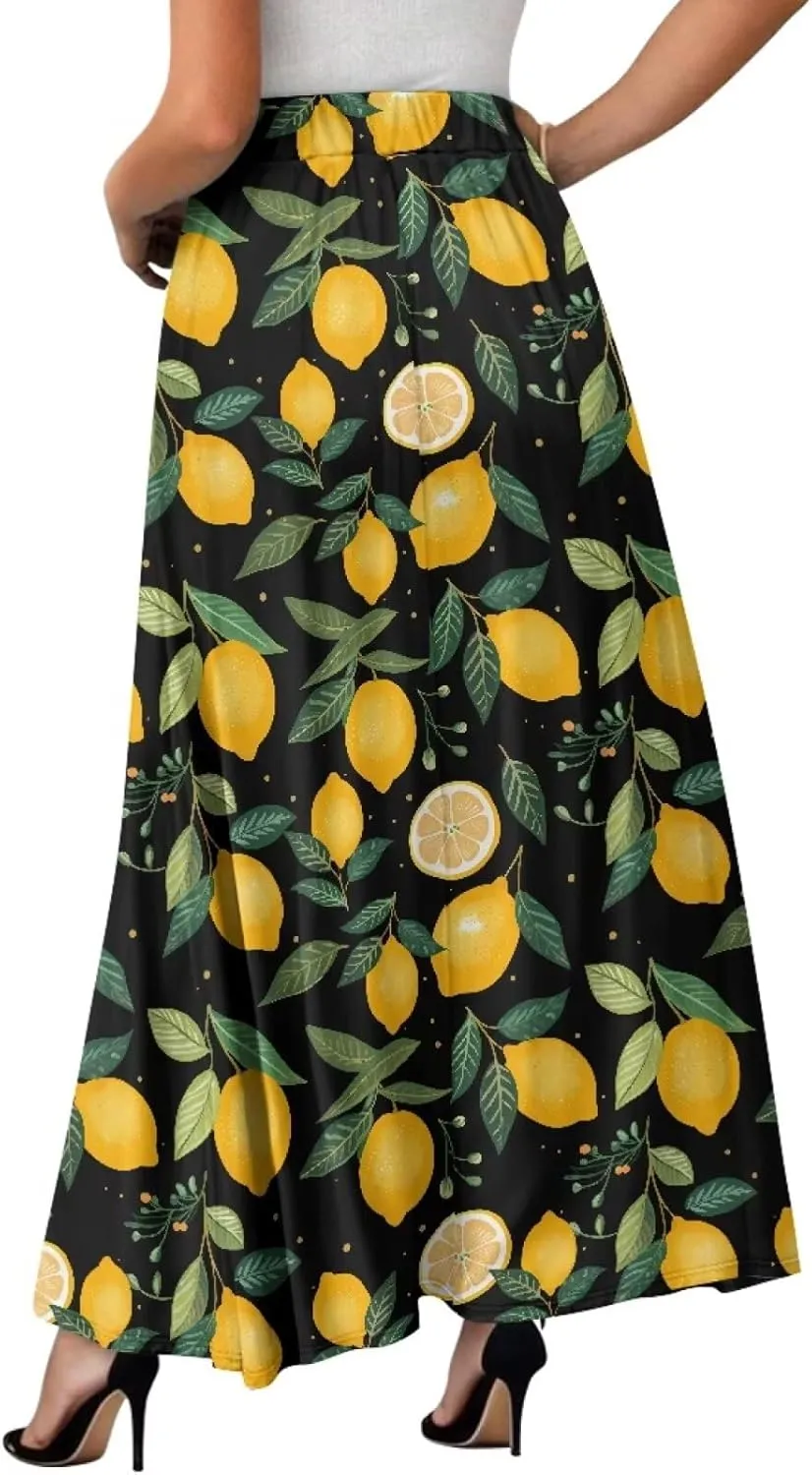 Yewattles Womens Elastic High Waist Pleated A-Line Flowy Swing Maxi Long Skirt Dress with Pockets