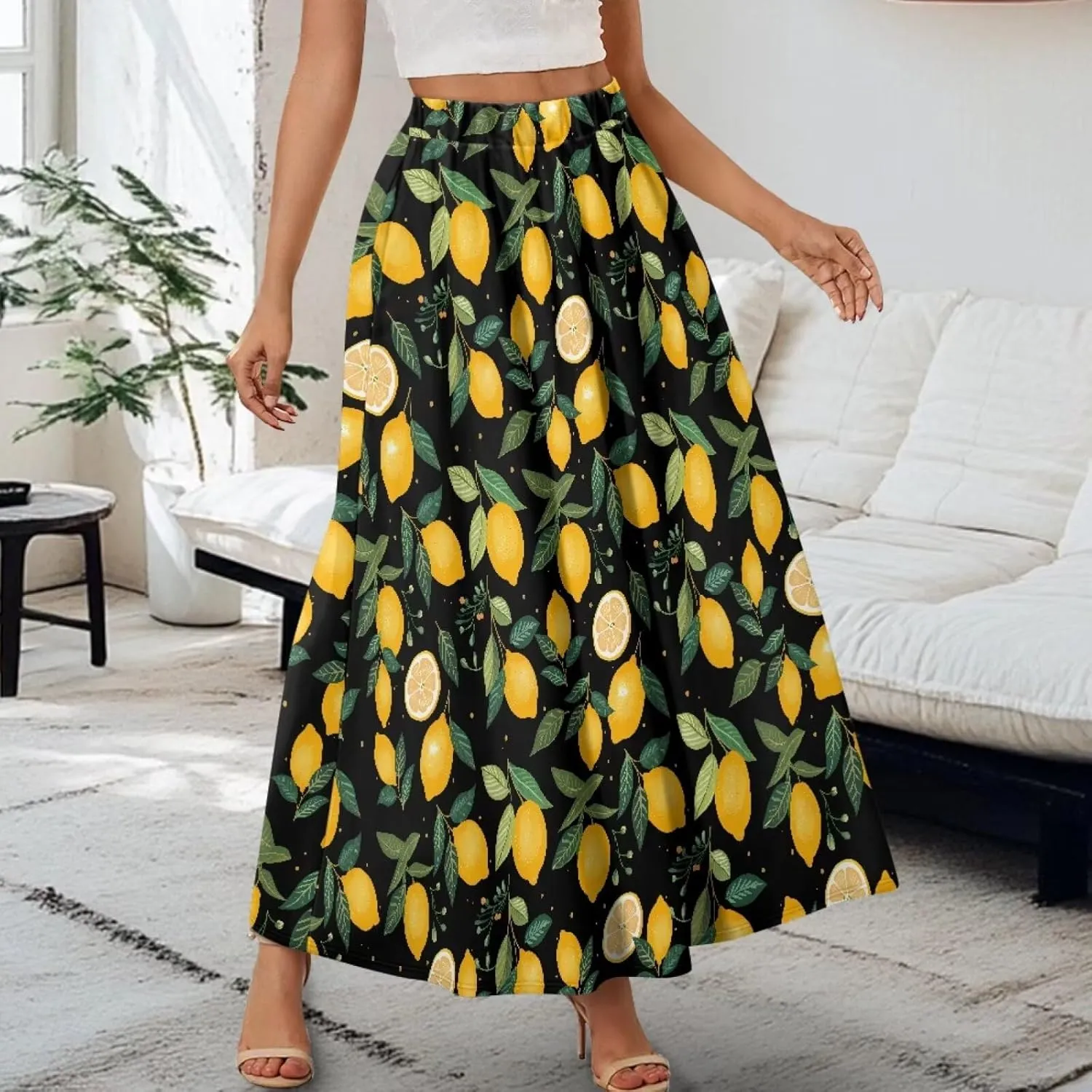 Yewattles Womens Elastic High Waist Pleated A-Line Flowy Swing Maxi Long Skirt Dress with Pockets
