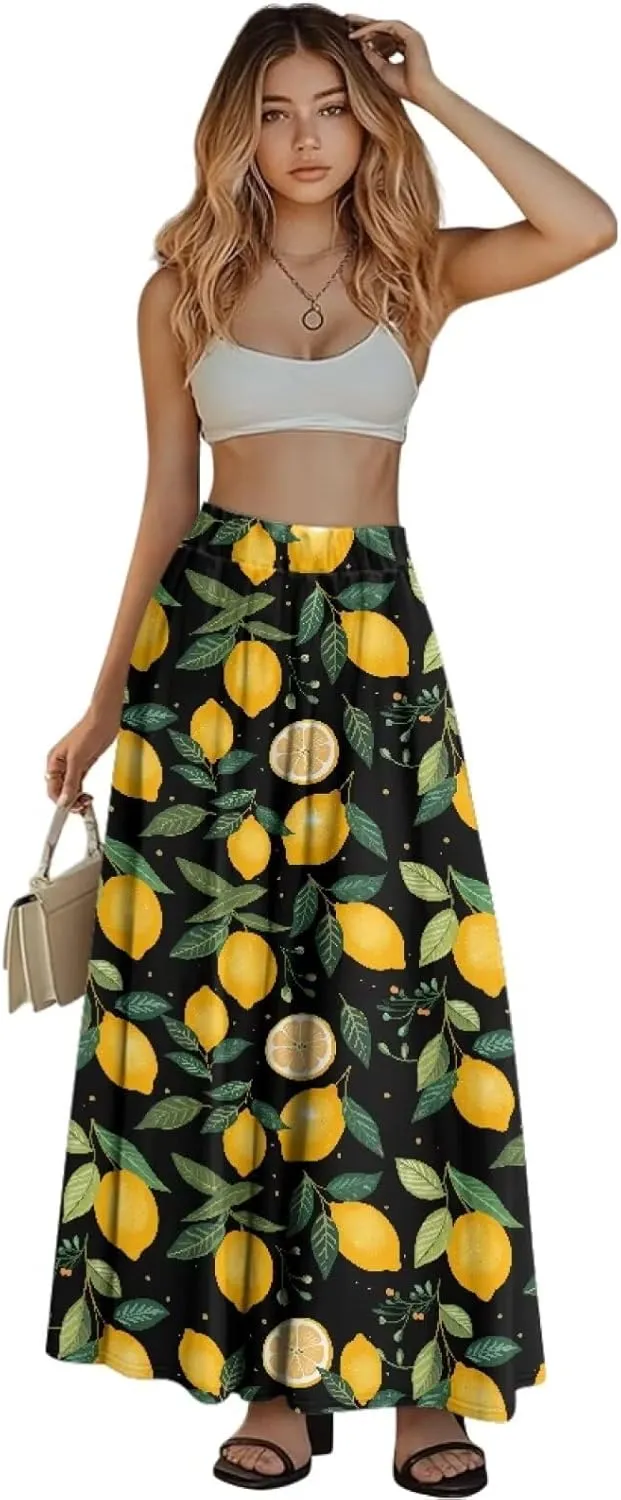 Yewattles Womens Elastic High Waist Pleated A-Line Flowy Swing Maxi Long Skirt Dress with Pockets