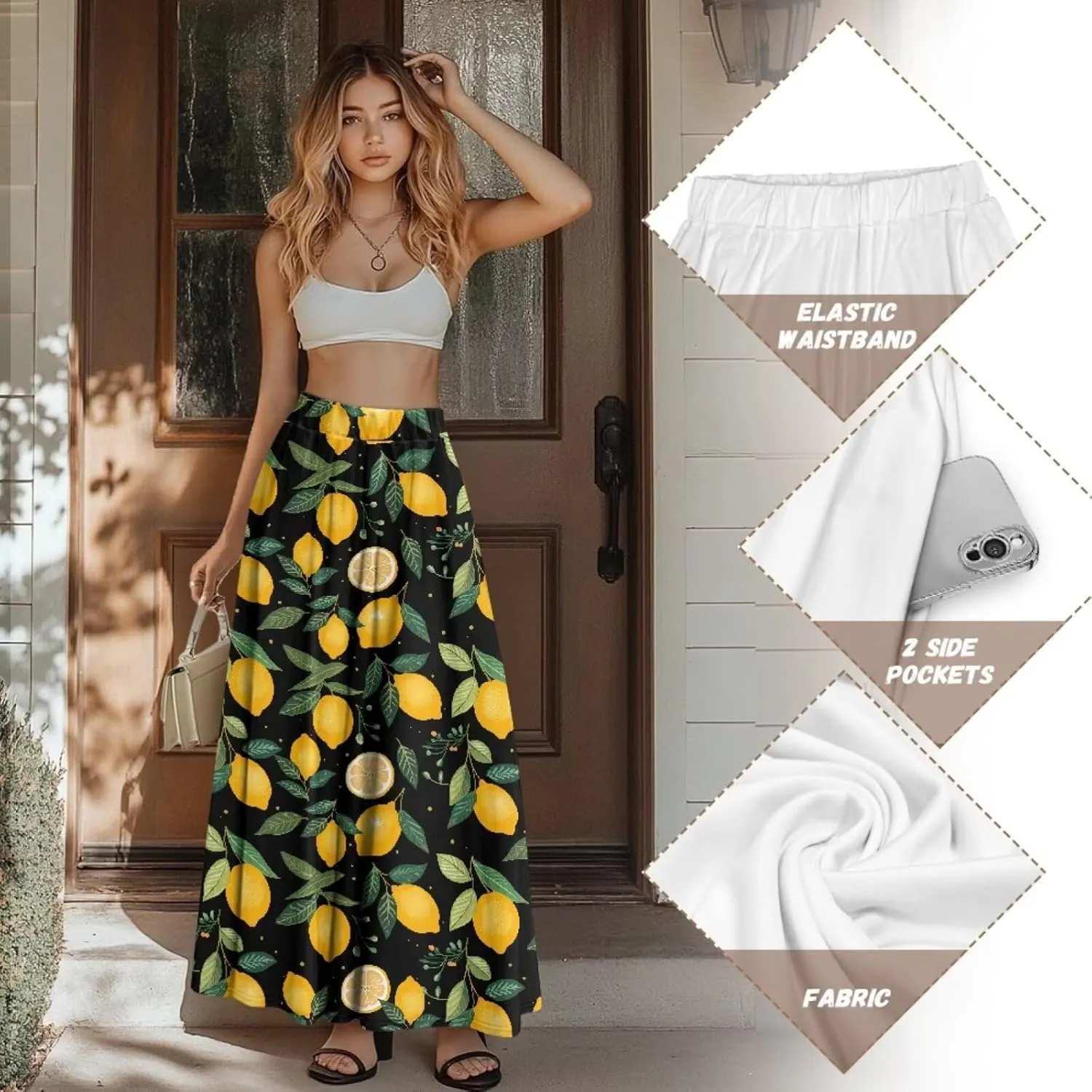 Yewattles Womens Elastic High Waist Pleated A-Line Flowy Swing Maxi Long Skirt Dress with Pockets