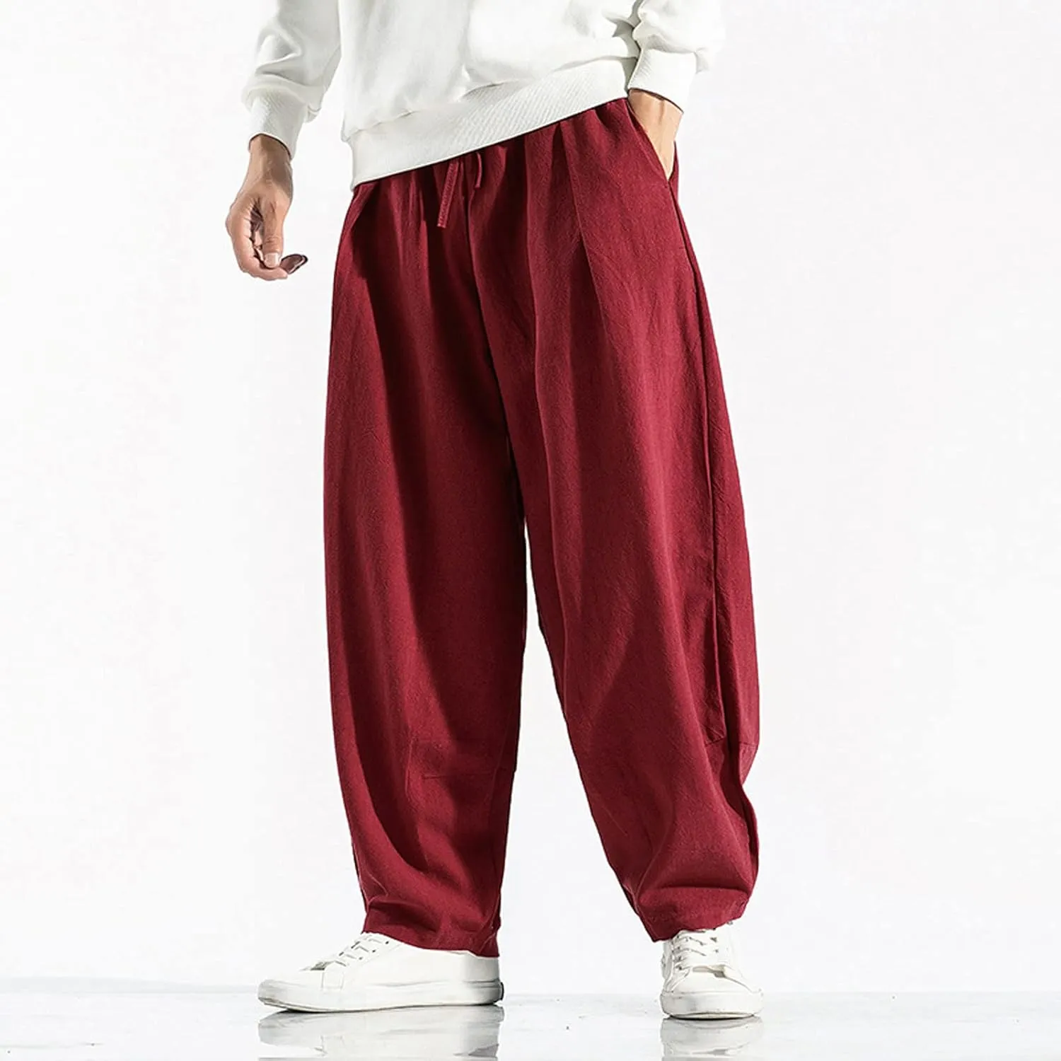 Ymosrh Khaki Jeans for Men Casual Loose Solid Color Linen Harem Pants Cotton Casual Trousers Wide Leg Pants Cargo
