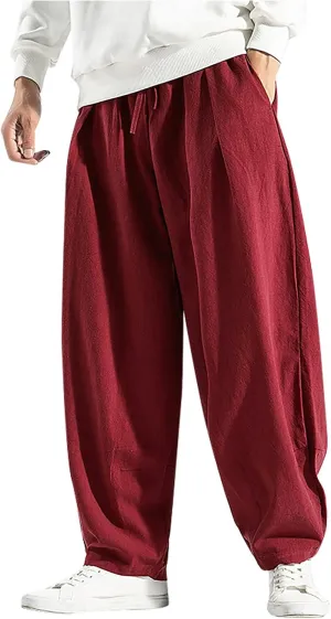 Ymosrh Khaki Jeans for Men Casual Loose Solid Color Linen Harem Pants Cotton Casual Trousers Wide Leg Pants Cargo